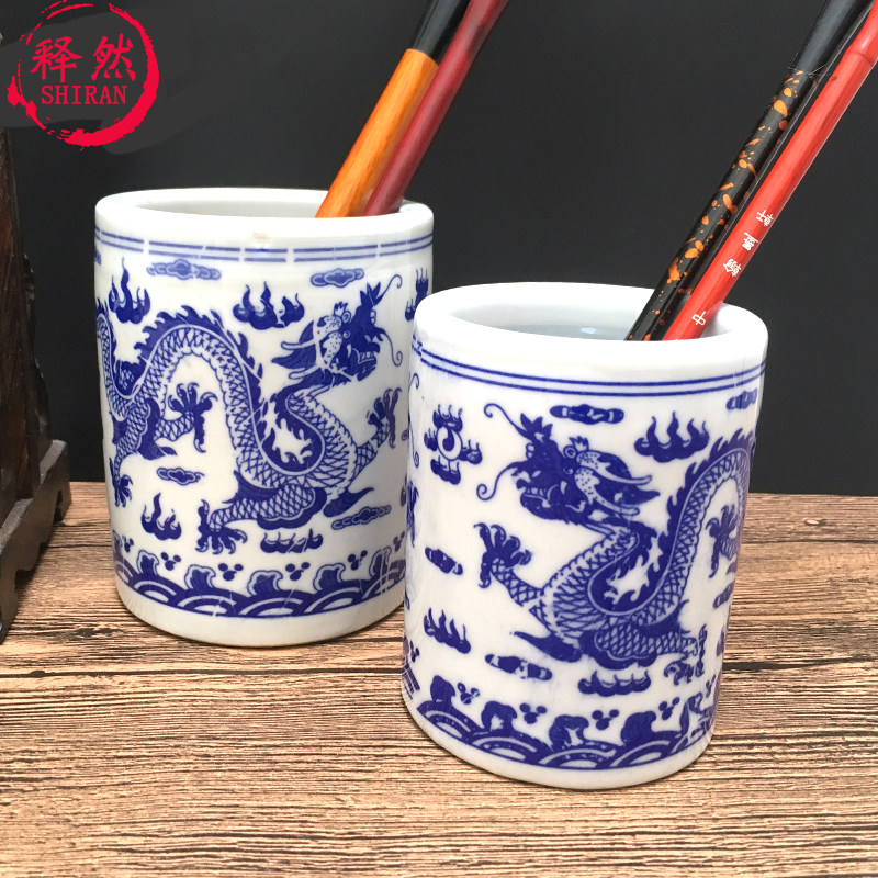 Jingdezhen Qinghua Porcelain Imitation Antique ceramic pen holder containing calligraphy large brush pen holder Pen Holder vintages Antique House Supplies Students-Taobao