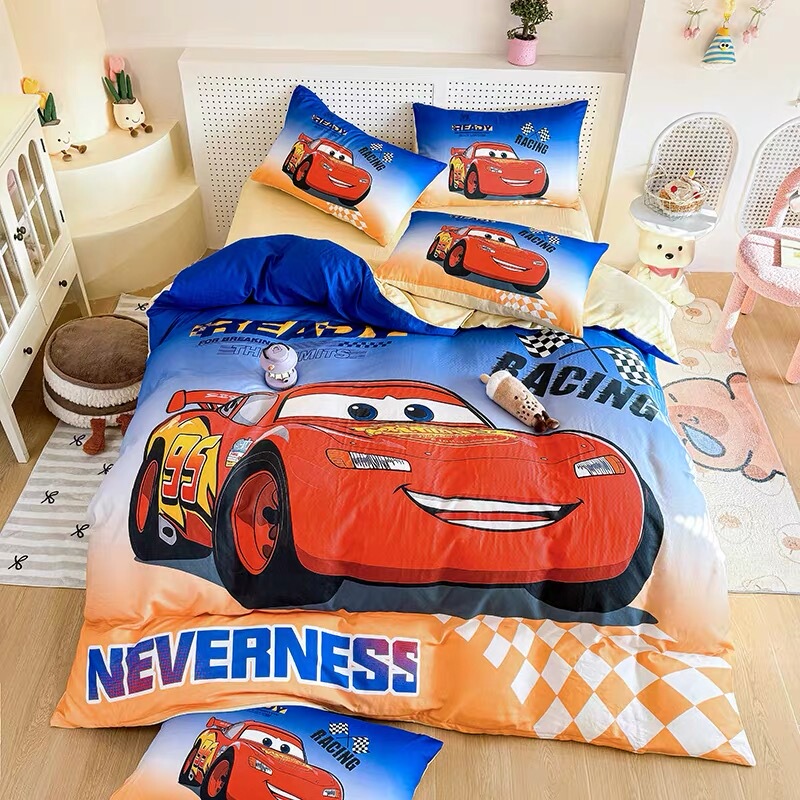 Lightning Mcqueen Class a 80-Count All-Cotton Four-Piece Set for Boys, Racing Pure Cotton Car Duvet Cover, Bed Sheet, Fitted Sheet Three-Piece Set