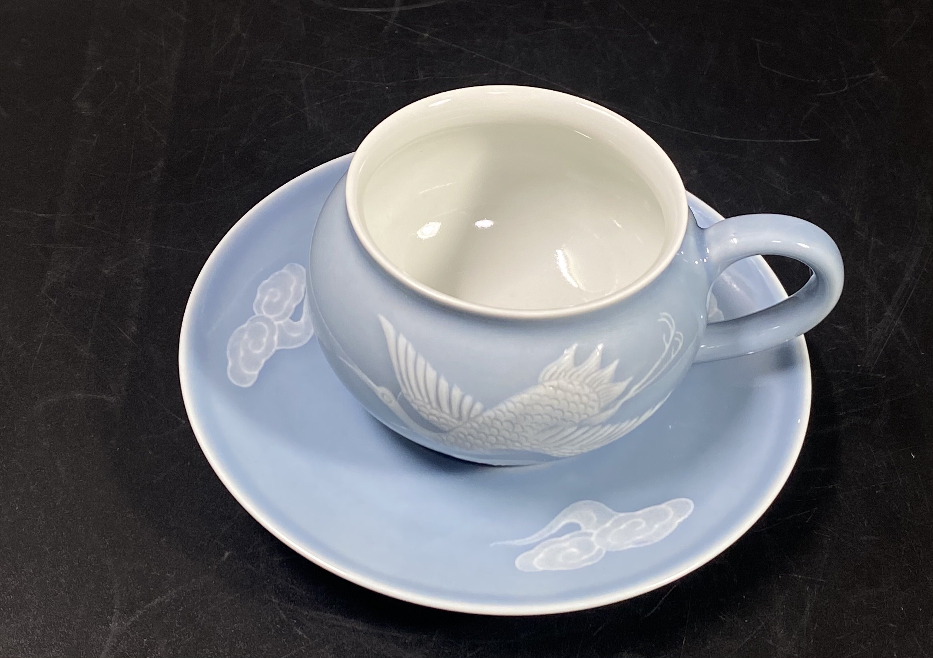 чашка 567精品陶瓷柴窑烧制天青釉堆白祥云仙鹤纹套杯咖啡杯碟茶杯