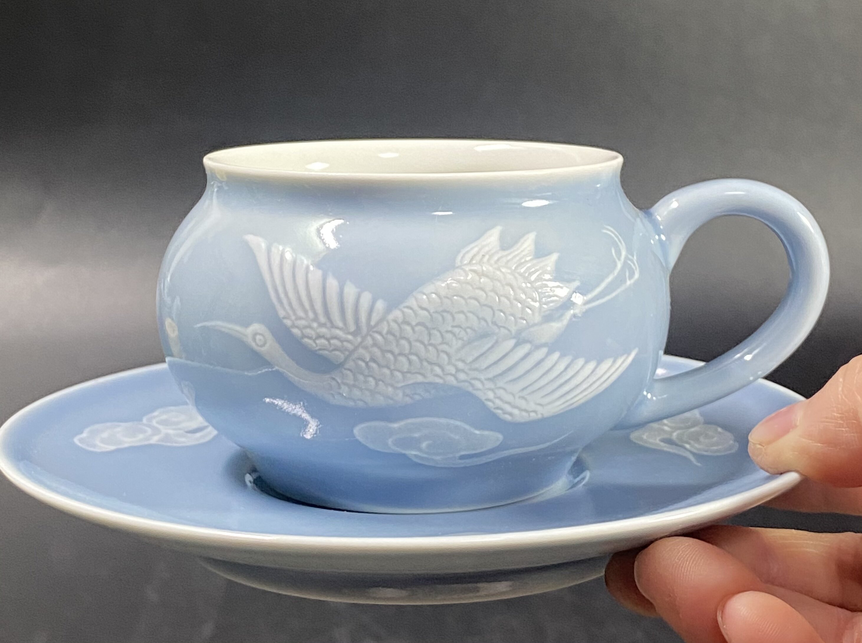 чашка 567精品陶瓷柴窑烧制天青釉堆白祥云仙鹤纹套杯咖啡杯碟茶杯
