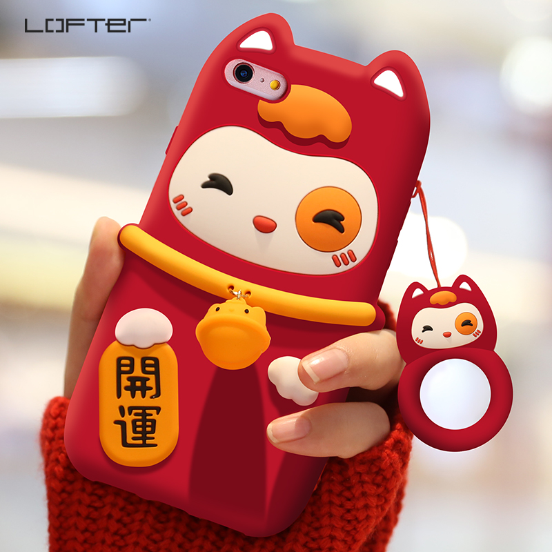 Loft recruitability cat apple 6plus mobile phone protection shell New Year iphone6splus female section 7plus red silicone cover 8p tide full bag anti-fall x soft shell xs cartoon fit
