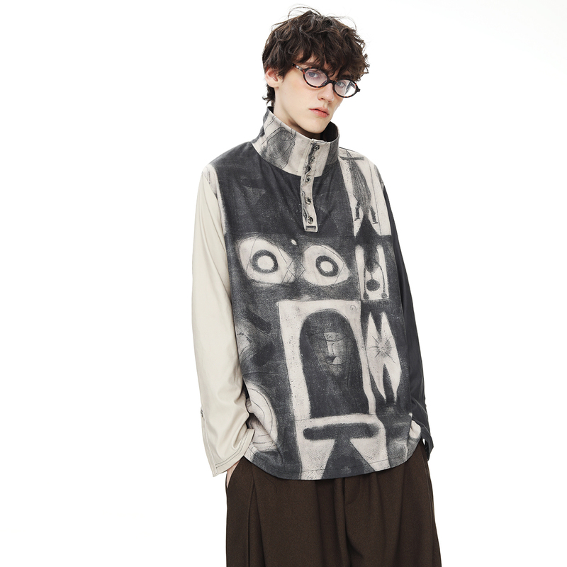 Ixoh High-End Retro Printed Long-Sleeved T-Shirt for Men, Autumn and Winter 2025 New Loose Niche Couple Base Shirt