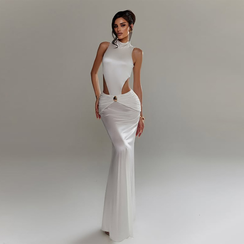 Sexy White High-Neck Sleeveless Fishtail Dress for Women with Metal Buckle Waist and Abdomen Pleats, Hollow-Out Evening Gown Party Long Dress Sexy White High-Neck Sleeveless Fishtail Dress for Women with Metal Buckle Waist and Abdomen Pleats, Hollow-Out Evening Gown Party Long Dress