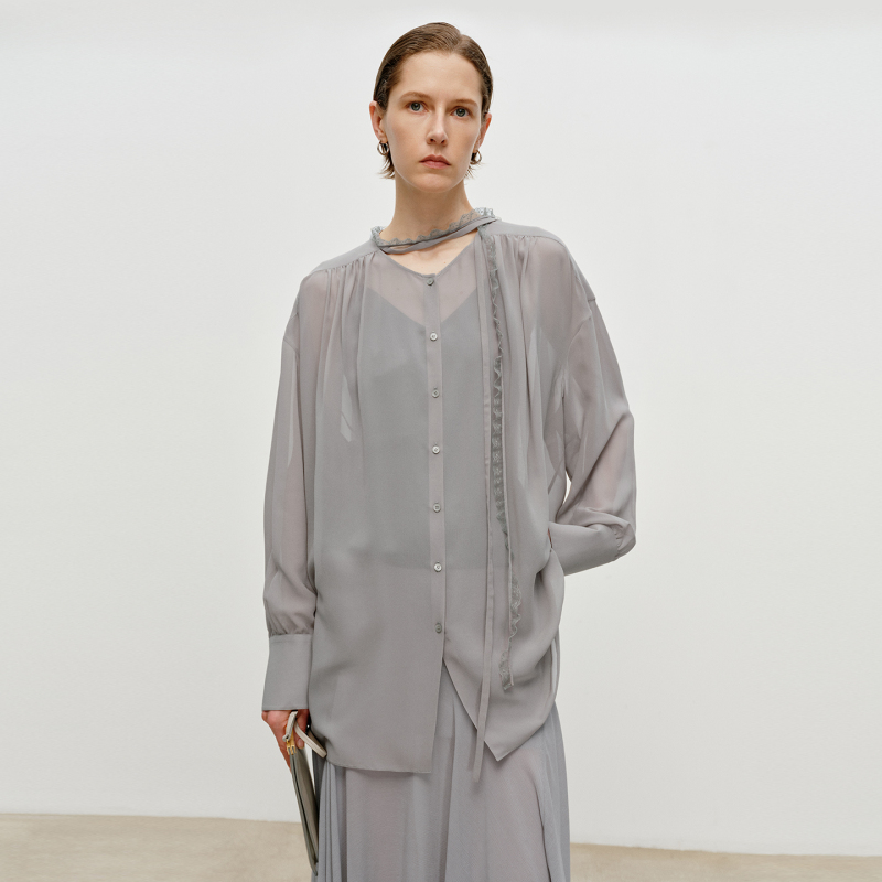 Chicjoc Water Mist Shirt, Light and Airy Silk Georgette, Romantic and Relaxed Style, Versatile Lace Ribbon Shirt