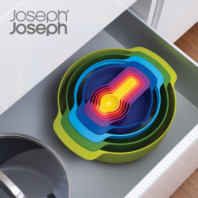 UK Joseph Joseph rainbow basin 9 pieces Bowl Quantity Spoon Kitchenware Baked Egg Basin Suit Wash Vegetable Drain 