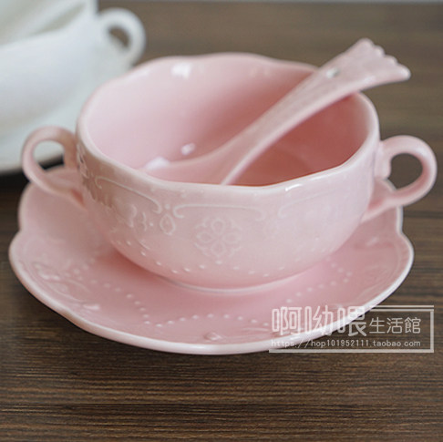Premium Day Style Carved Flower Pure White Ceramic Binaural Bowl Oatmeal Afternoon Tea Soup Flush Bowl spoon tray Suit 3 pieces-Taobao