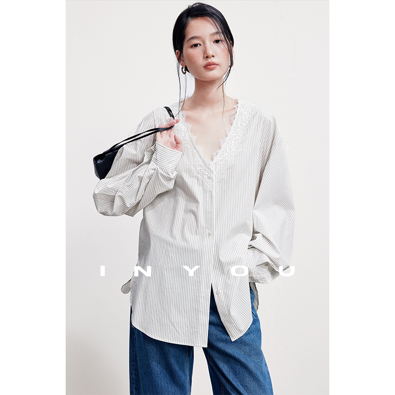 Romantic V-Neck Lace Light Luxury High-End Heavy-Duty Patchwork Design Striped Niche Silhouette Shirt