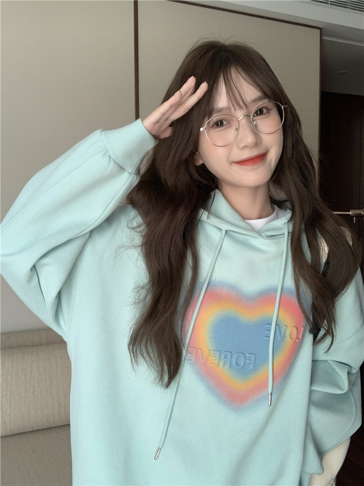 Japan SLY College Sweet Girl Rainbow Loving Spray Paint Loose Rope With Cap Sports Jersey