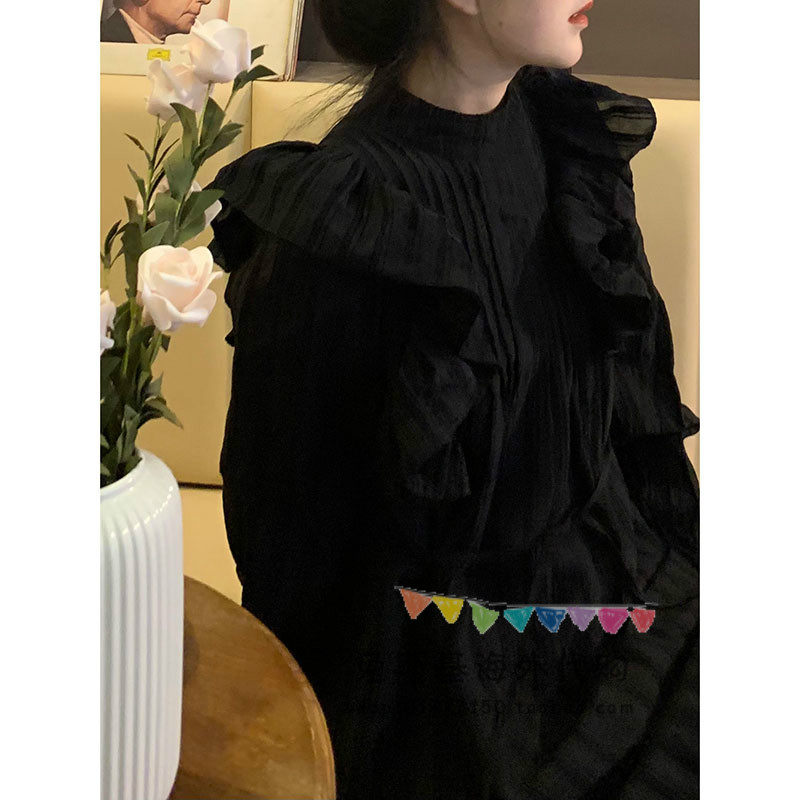 Japanese Lotus Leaf Lace Black Dress Dress Woman Spring Dress 2023 New Loose Little Black Dress-Taobao