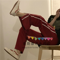 Japanese SLY loose slit sweatpants womens SLY striped elastic waist casual pants high waist wide leg pants