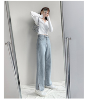 Japanese SLY Pendant Sensation Straight Jacket Jeans Woman Loose wide leg long pants High waist foot opening fork Tugging Pants