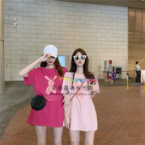 Japan SLY Summer New Pink Loose Short Sleeve Blouse Women Han Edition 100 Hitch Long pure cotton T-shirt dress