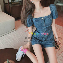 Japanese SLY spring loose jumpsuit female Japanese square collar bubble sleeve small denim jumpsuit shorts