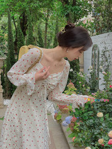 Japans SLY THOM new dress square collar printed chiffon tie with first love girl skirt with long skirt