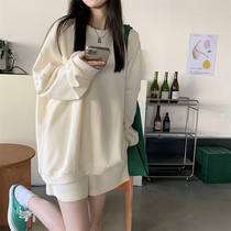 Japanese SLY loose Lazy Sleeve Head Round Collar Pure color Wear Clothing Long Sleeve Shorts Casual Suit Women Summer