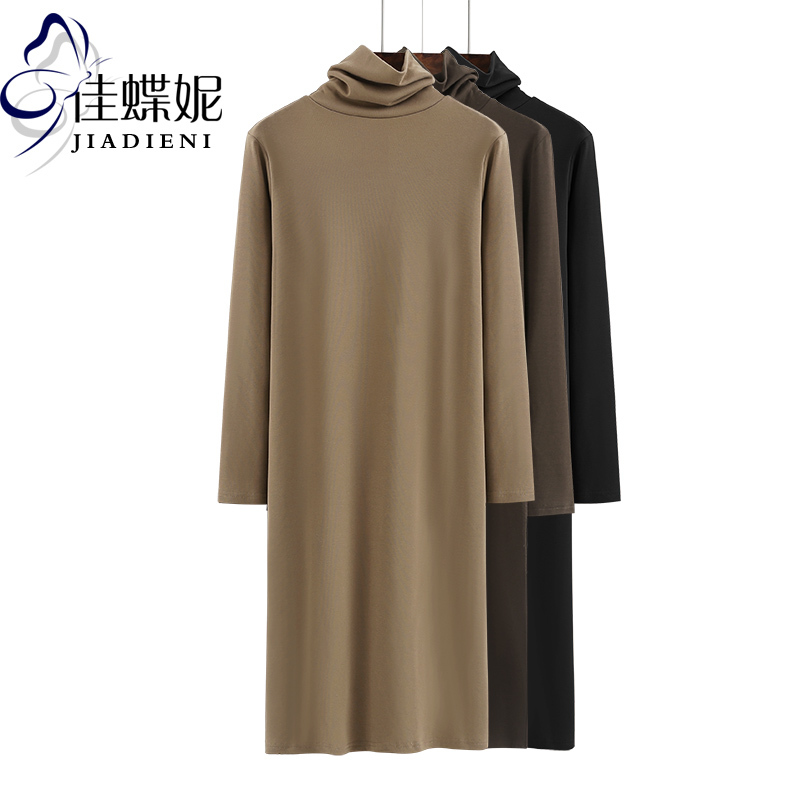 Autumn and Winter New Korean Pure Cotton High-Neck Long Dress Long-Sleeve Women's T-Shirt Solid Color Casual Base T-Shirt Thickened