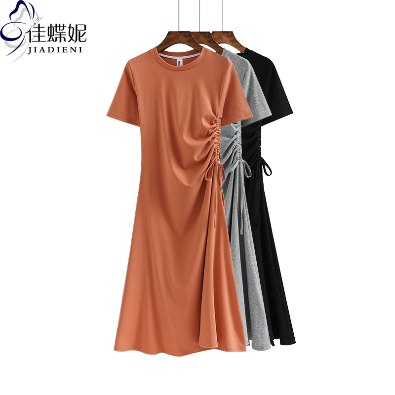 Mùa hè mới cổ tròn mỏng phù hợp ngắn tay váy từ bi dây rút cotton giảm béo bên trong áo thun nữ hàn quốc - váy đầm