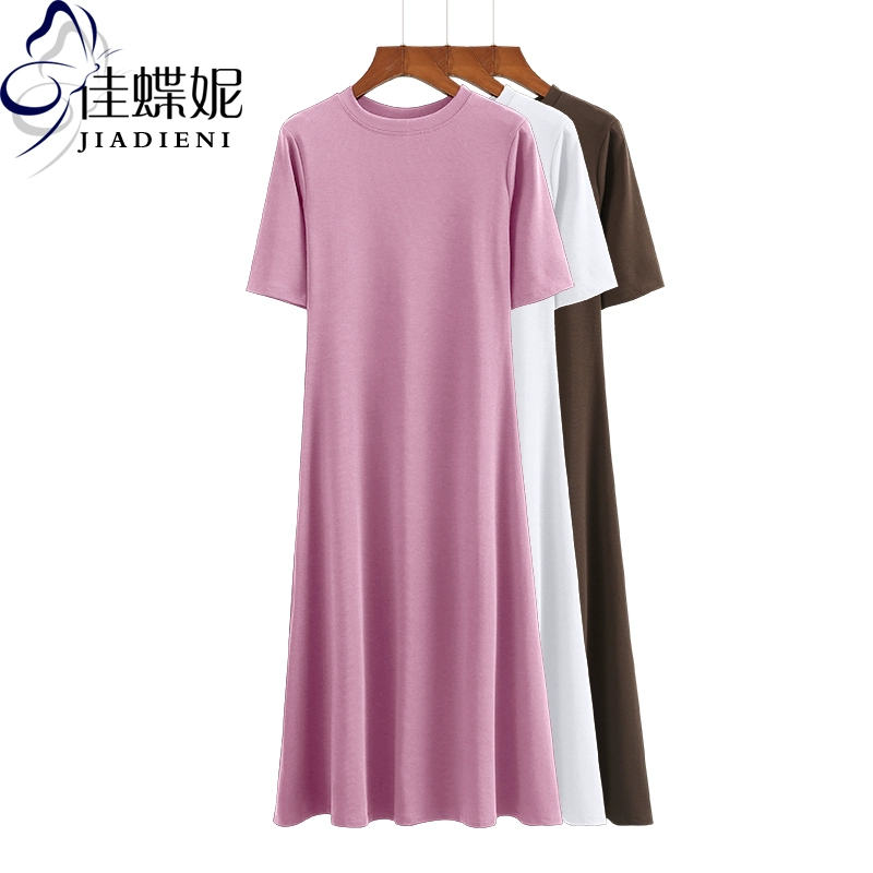 Mùa xuân và mùa hè phong cách mới Hàn Quốc cổ tròn mỏng giảm béo ngắn tay áo dài cotton thuần màu đơn giản quần áo phụ nữ - váy đầm