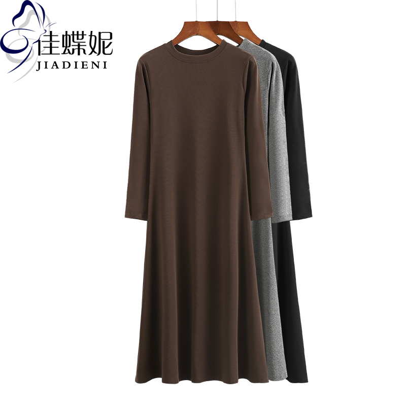 Autumn and Winter New Style Round Neck Slim Fit Large Hem Pure Cotton Solid Color Simple Long Base Long-Sleeve Dress for Women