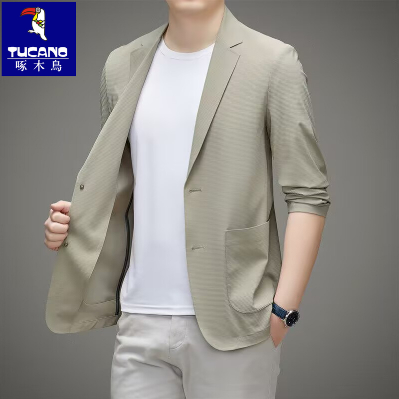 Woodpecker Suit for Men, Summer Lightweight, Seamless, Wrinkle-Free Ice Silk Suit, Anti-Wrinkle Business Jacket, Large Size Sun Protection Clothing