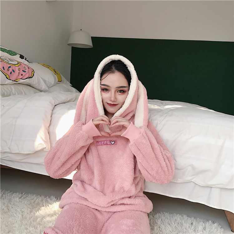 Đồ ngủ tai thỏ nữ mùa thu và mùa đông dày lông cừu san hô học sinh phù hợp với mũ trùm đầu phiên bản Hàn Quốc của phim hoạt hình có thể mặc dịch vụ nhà đồ bộ mặc nhà cao cấp