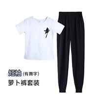 Белые короткие рукава, V-образный вырез спереди и круглая спинка (с танцевальными персонажами) + брюки-морковка.