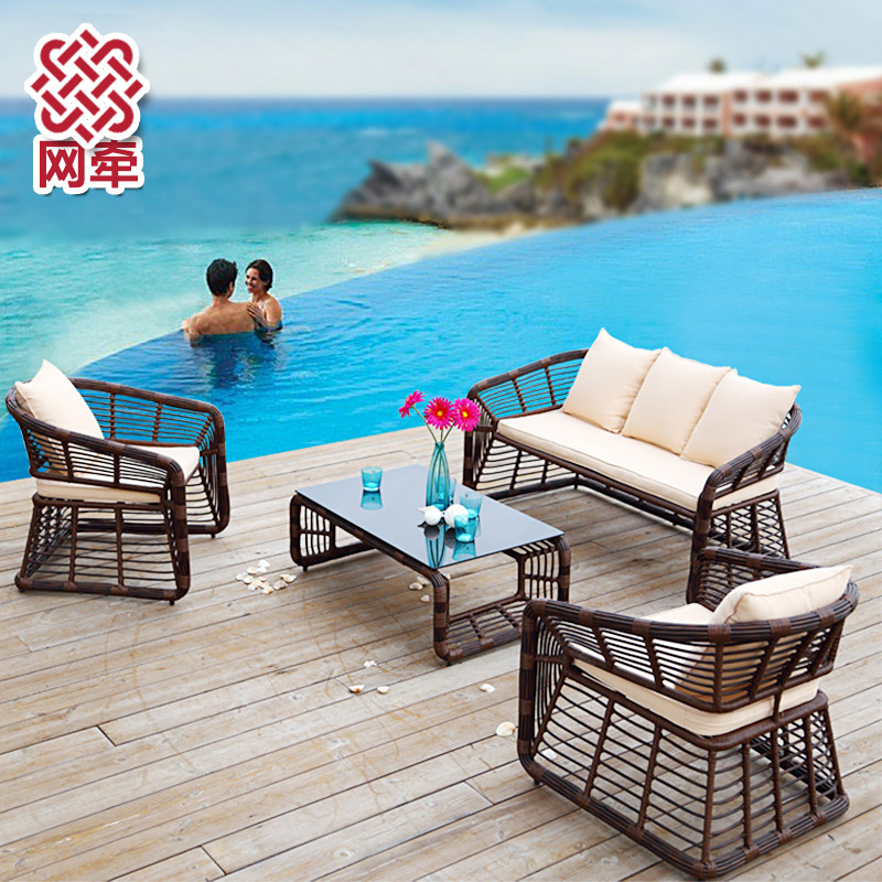 Net lead outdoor sofa combination leisure balcony rattan chair sofa outdoor courtyard rattan living room three-person rattan sofa