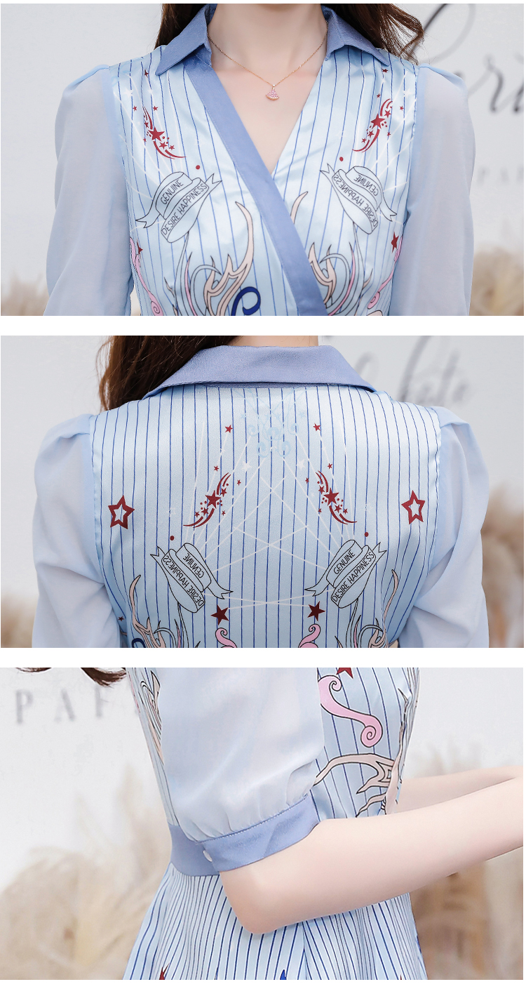 DABI 韓國風氣質騰圖印花修身V領短袖洋裝 DABI 韓國風氣質騰圖印花修身V領短袖洋裝