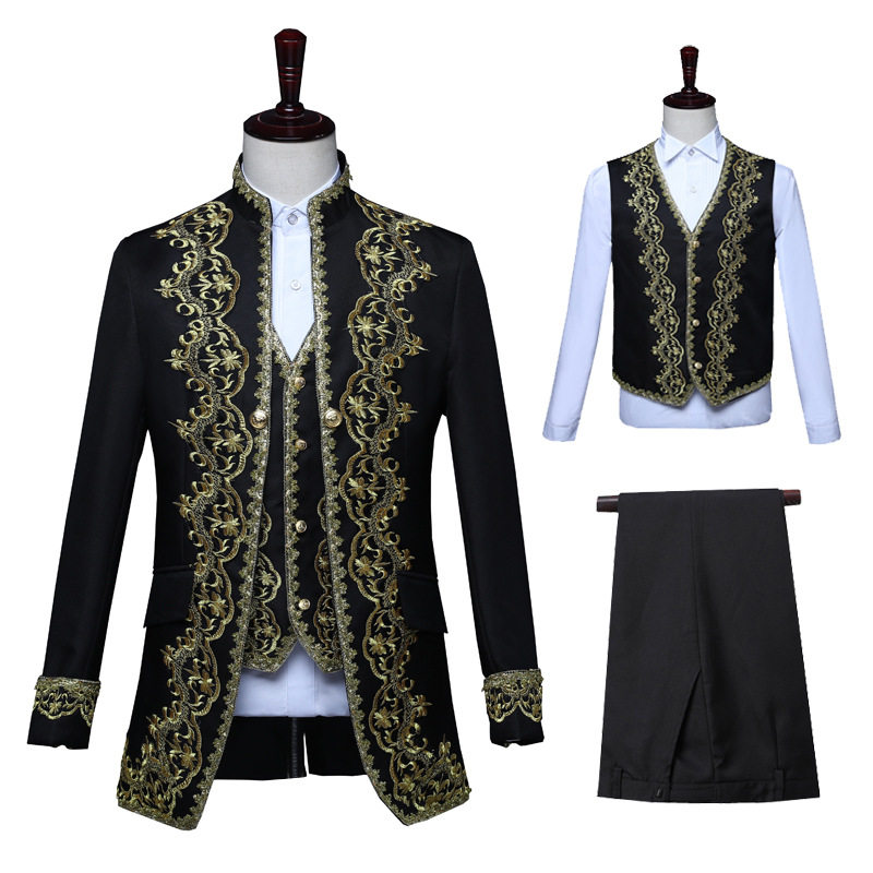 Men's European-style gold-inlaid dress court dress men's vest three-piece photo studio costume black and white opera stage