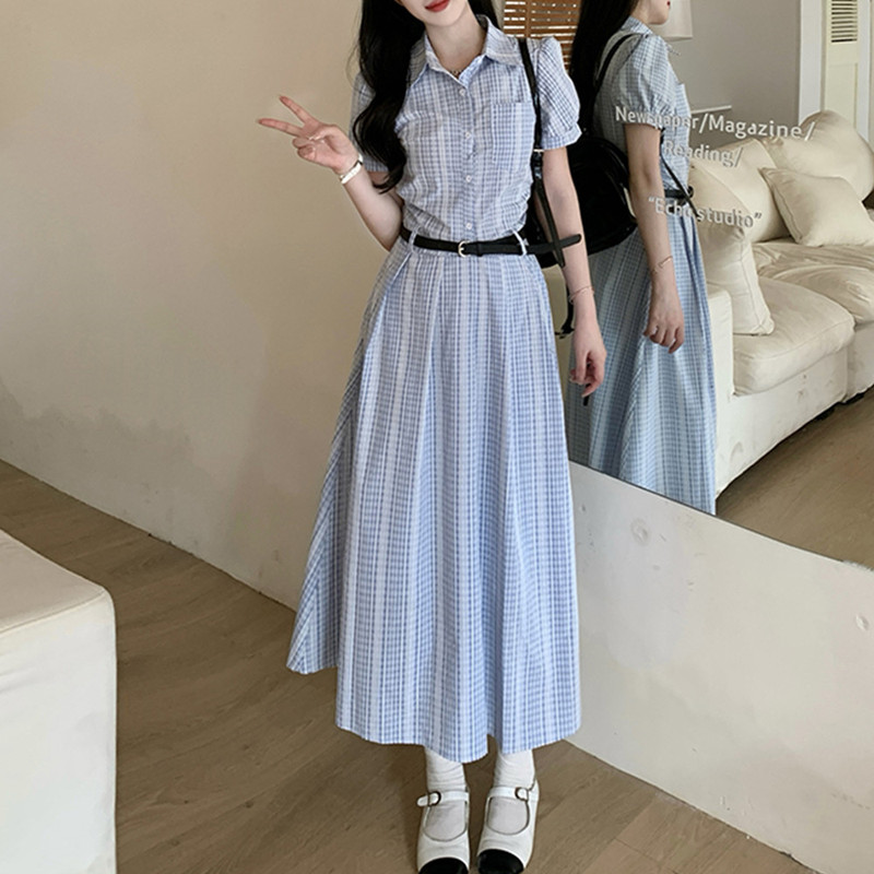 Plus-Size Korean-Style Elegant Waist-Cinching Slimming Striped Short-Sleeve Shirt Dress for Summer Interviews with a High-End Feel and Belt