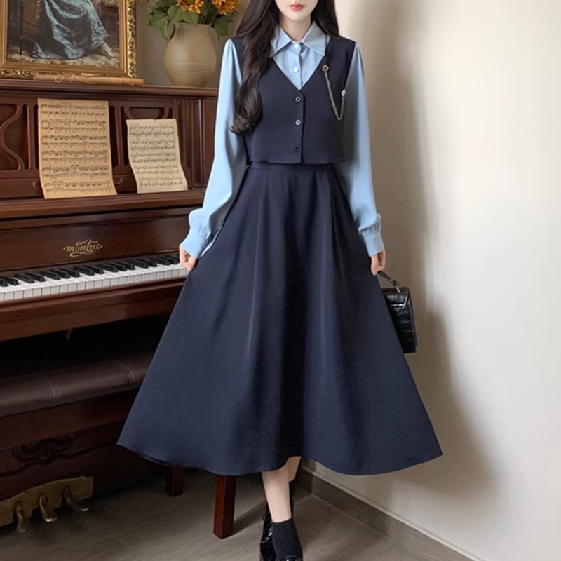 College Style Blue Long-Sleeved Shirt with Fake Two-Piece Dress, Autumn and Winter Plus Size Student Belly-Covering Long Skirt