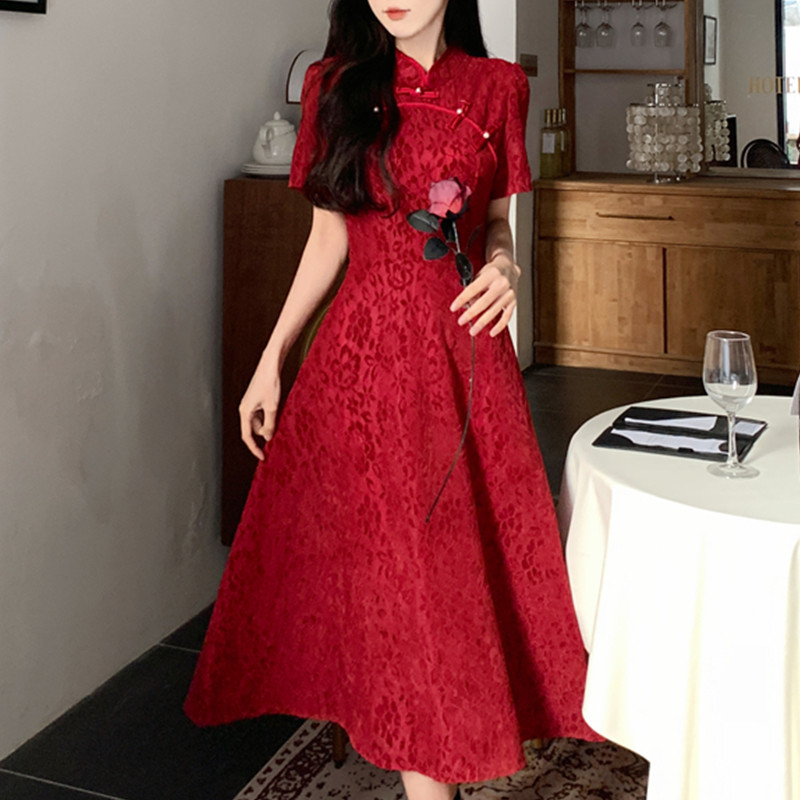 Bride's Burgundy New Chinese-Style Cheongsam Toast Dress, Summer Plus-Size High-End Short-Sleeved Engagement Evening Dress