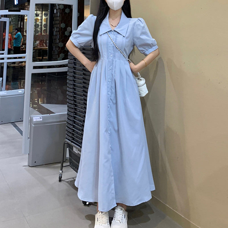 French-Style Platycodon Retro Elegant Waist-Cinching Blue Long Dress Summer Plus Size Slimming Doll Collar Blue Striped Shirt Dress