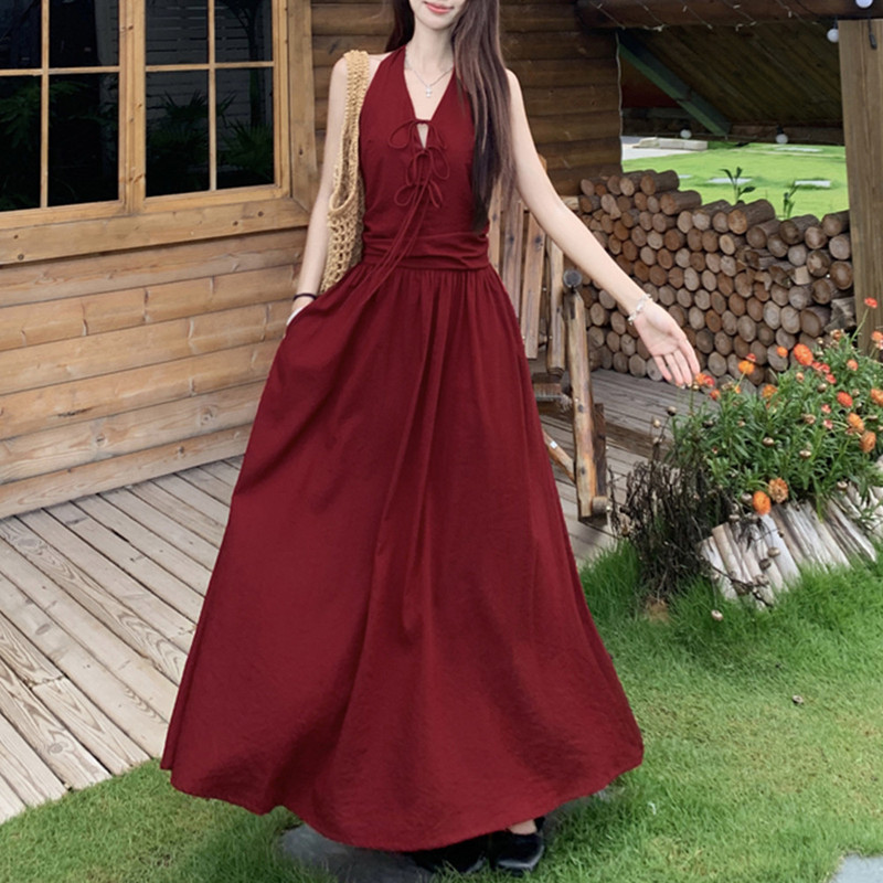Hong Kong Style Burgundy Tie-Neck Vacation Dress, Summer Plus Size, Slightly Sexy, Waist-Cinching, Flared, Backless Long Dress
