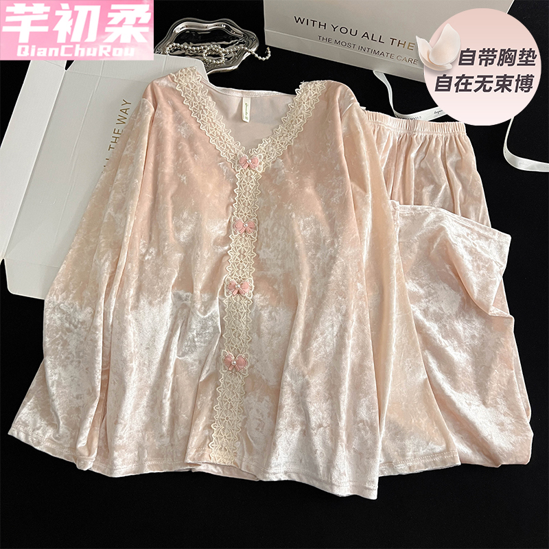 Diamond Velvet Pajamas for Women with Breast Pads, Spring, Autumn and Winter New Style, Luxurious Lace, High-End Gold Velvet Home Wear Set