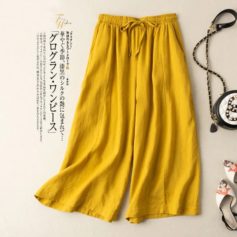 2026 Summer New Style Linen Women's Cropped Pants Casual Pants Cotton-Linen Pants Loose Wide-Leg Pants Drapey High-Waisted