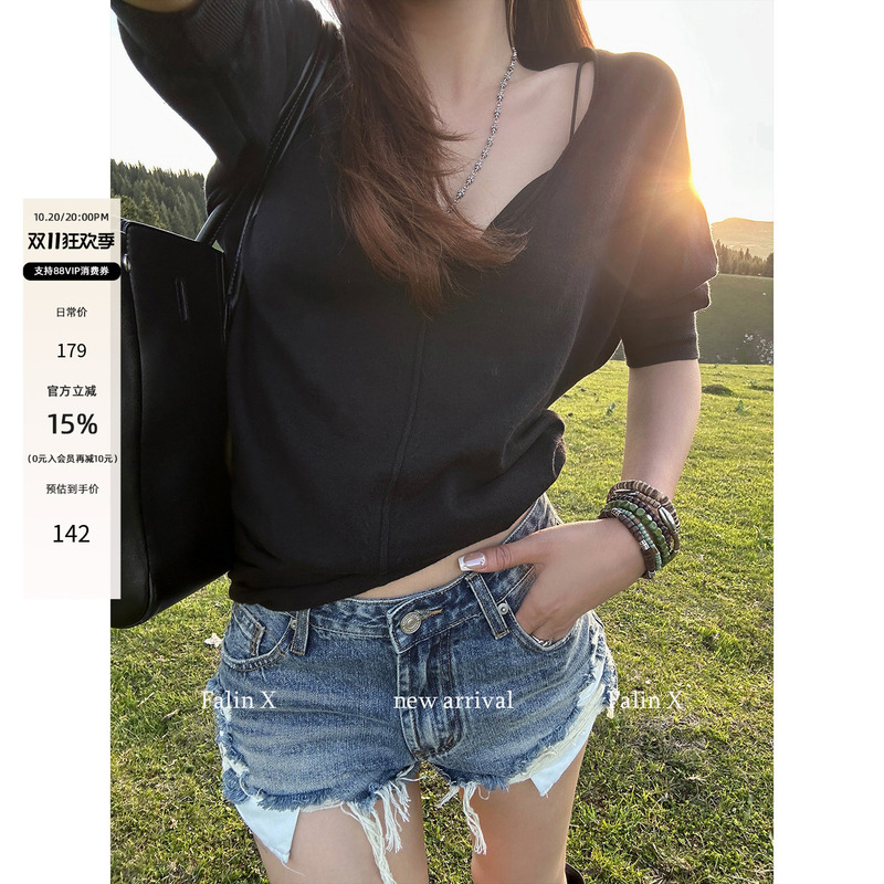 Falin X Ripped Denim Shorts for Women, Summer Thin Casual Style, Mid-Low Waist, American Style, Washed Irregular Pants Falin X Ripped Denim Shorts for Women, Summer Thin Casual Style, Mid-Low Waist, American Style, Washed Irregular Pants