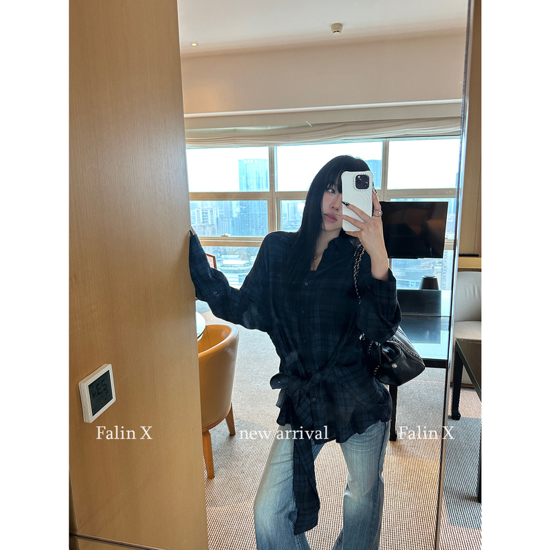 Falin X Retro Shirt Jacket with Straps on Both Sides for Women, Spring and Autumn Loose Design Plaid Casual Long-Sleeved Top Falin X Retro Shirt Jacket with Straps on Both Sides for Women, Spring and Autumn Loose Design Plaid Casual Long-Sleeved Top