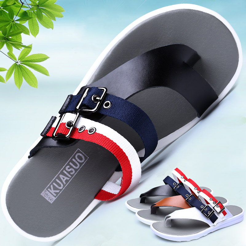 2022 new summer herringbone tug sandals sandals beach shoes non-slip outdoor wearing genuine leather sandals clips foot youth tide