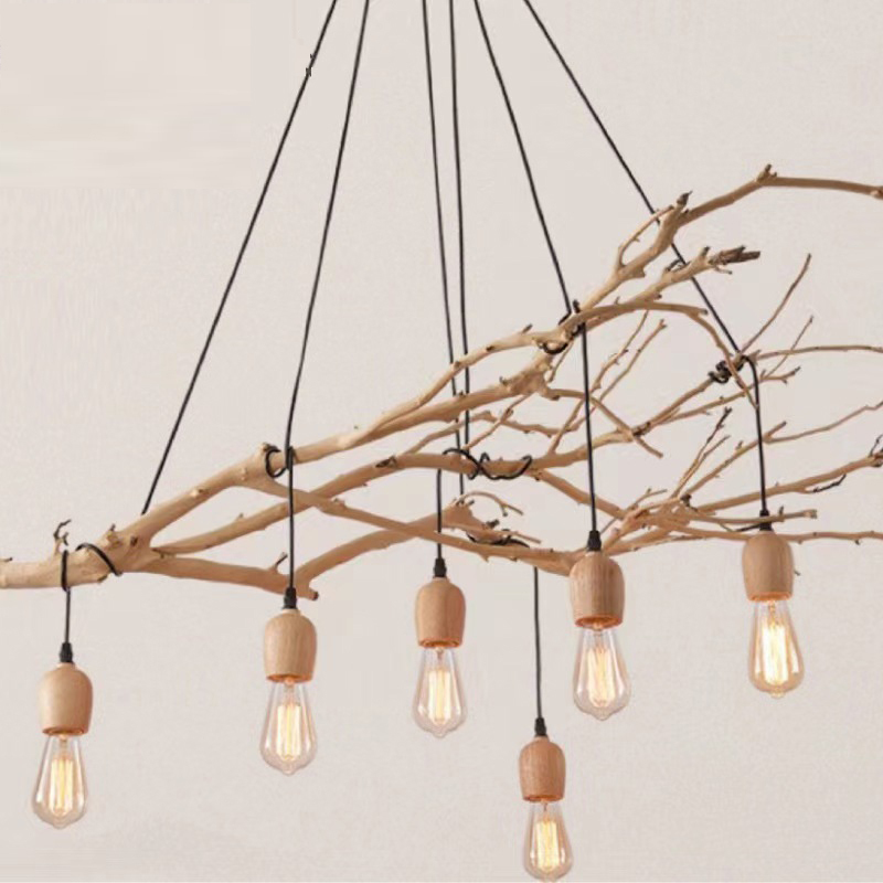 Nordic Creative DIY Chandelier for Dining Room, Tea Room, Guesthouse, Clothing Store, Fairy Scattering Flowers, Multi-Head Wooden Branch Chandelier