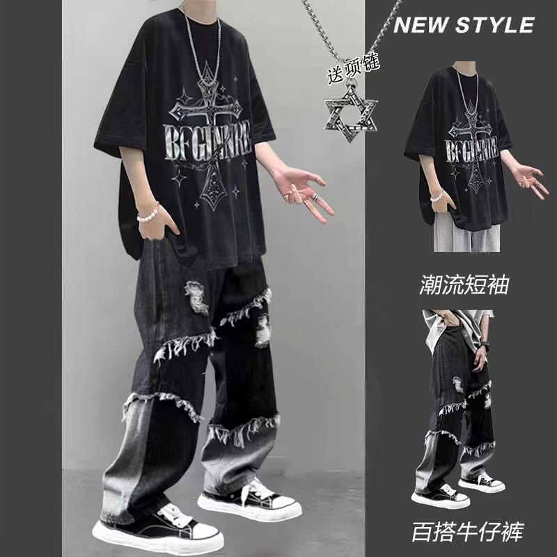 Short-Sleeved T-Shirt Summer Suit for Boys, Stylish with High-Street Jeans ins Trendy Brand Youth Men's Three-Piece Suit