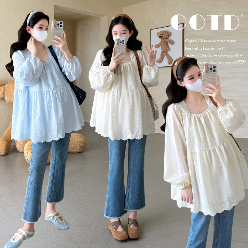 Plus-Size Maternity Autumn Tops 2025 New Fashion Lace Embroidery Age-Reducing Babydoll Long-Sleeve Shirt 100kg