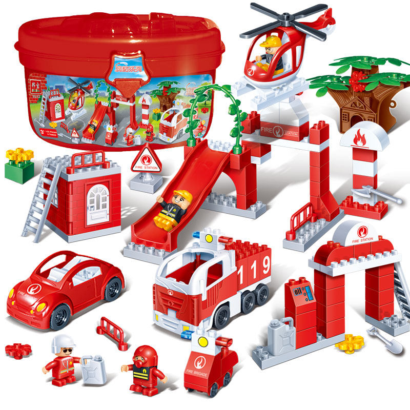 Bunbao 9642 large grain 3 Spelling Inserts 5-year-old Children's Toy Toy Barrel Fire Slide Police Engineering Car Gift