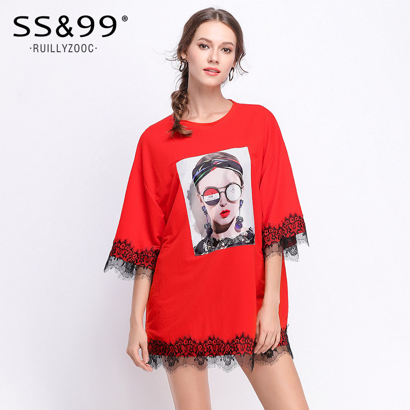 SS99 European stock 2022 spring new loose woman taste lace hiphop pattern short sleeve T-shirt female summer