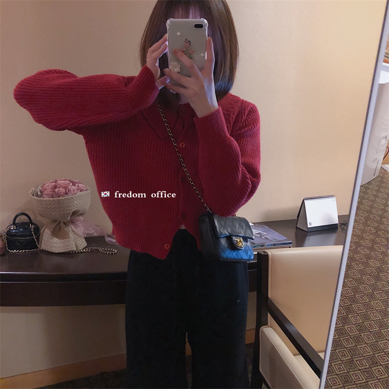 FREDOM New Year's red Christmas sweater women's autumn and winter natal year doll collar short knitted cardigan top clothes