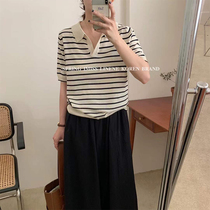 Net red striped polo shirt womens thin section ins trend 2021 summer new loose foreign style fashion sweater top