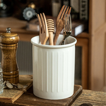 Alley End Simple and Stylish] Embossed White Chopstick Tube Ceramic Flower Insert Kitchen Knife Fork Spoon Storage Jar Ornament