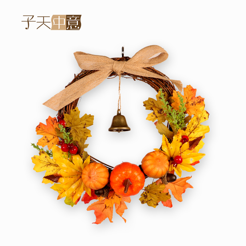 Simulation Maple Leaf Autumn Color Flower Ring Thanksgiving Hotel Decorations Pumpkin Berries Fruit Bell Harvest Vine Circle Door Decoration Wall-mounted