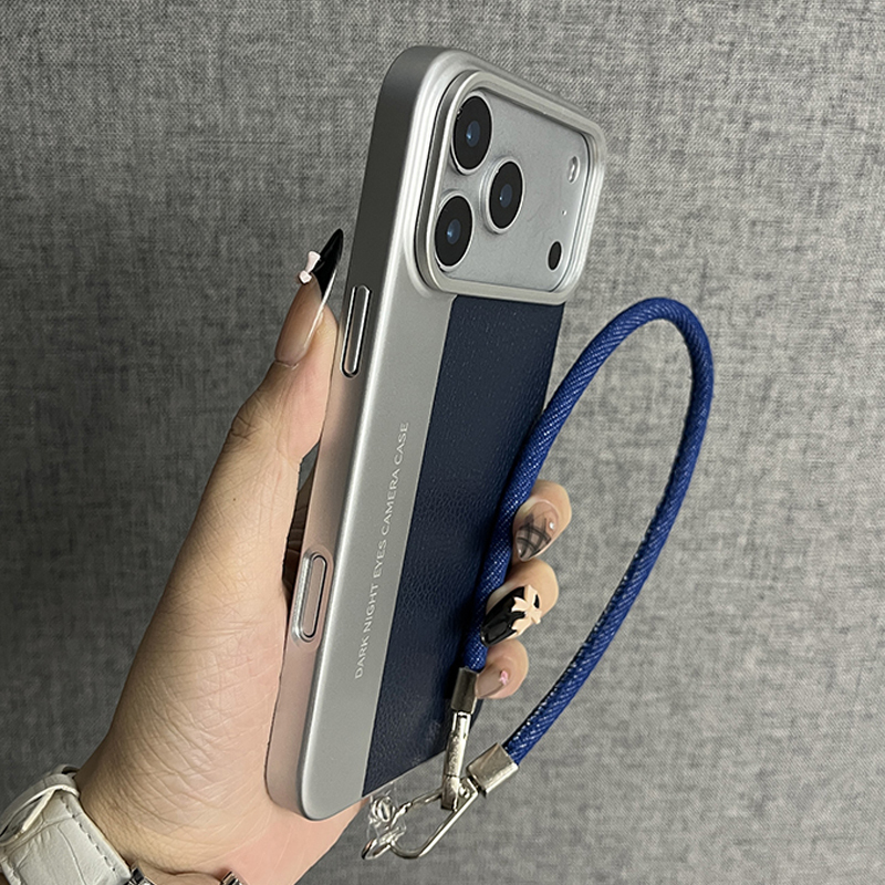Three Fishes [Business Lychee Leather Texture Camera Case Far Peak Blue with Hand Strap] Suitable for Apple 17 Pro Max/17 Pro Phone Case New Trendy Brand Creative Anti-Drop Full Protection Cover for Men and Women