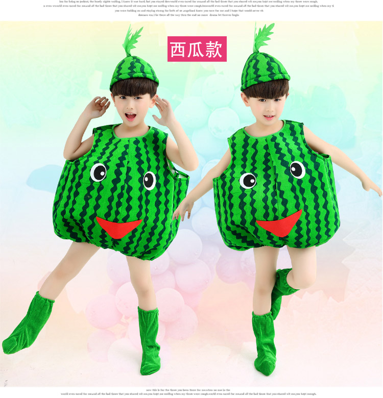 Quần áo biểu diễn cho trẻ em, vật liệu bảo vệ môi trường, trình diễn thời trang, phụ huynh-trẻ em, trang phục rau quả, bắp cải, dưa hấu, táo quần áo cho bé gái
